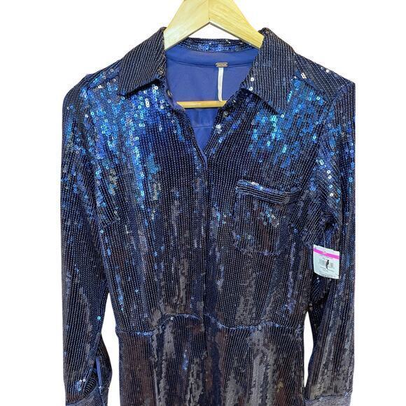 NWT Free People Sophie Sequin Mini Dress Navy Blue Longsleeve Button Up Dress S - Picture 11 of 16